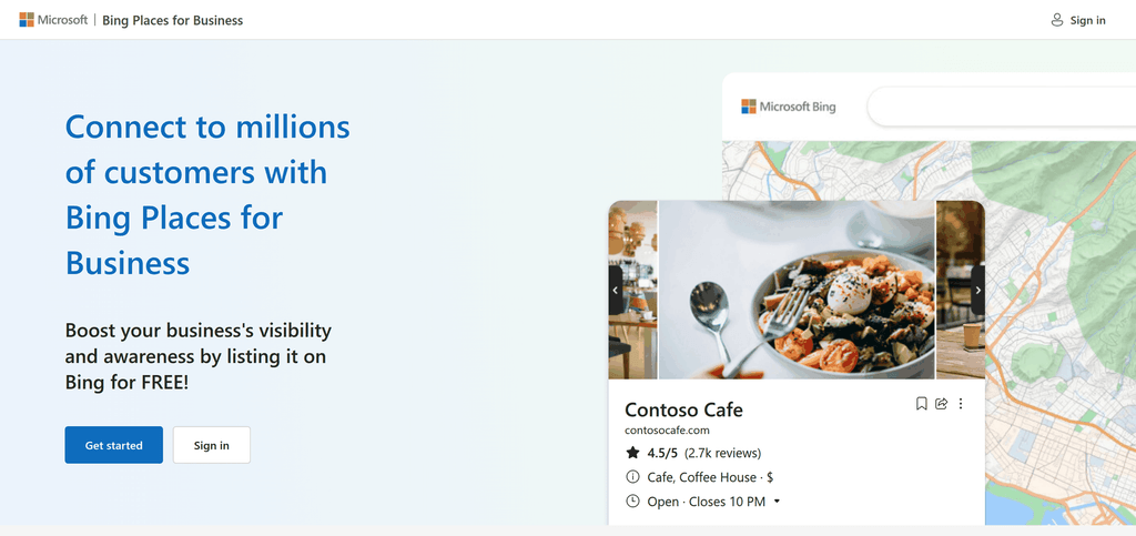 Bing Places for Business homepage at bing.com/forbusiness, showing Microsoft branding, the "Connect to millions of customers" headline, and the Get started and Sign in buttons.