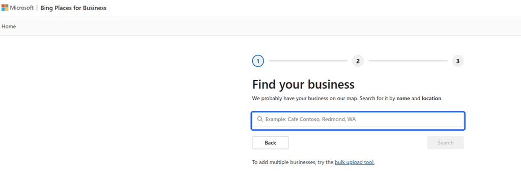 The "Find your business" search screen in Bing Places for Business, where you enter your business name and location to find your listing.