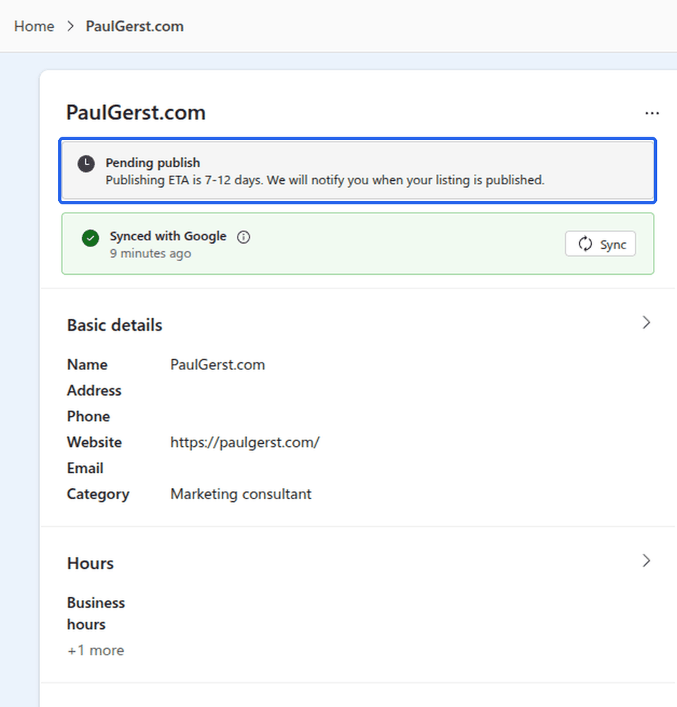 Bing Places dashboard showing a listing with a "Pending publish" banner — publishing ETA is 7–12 days — and a "Synced with Google" confirmation below it.